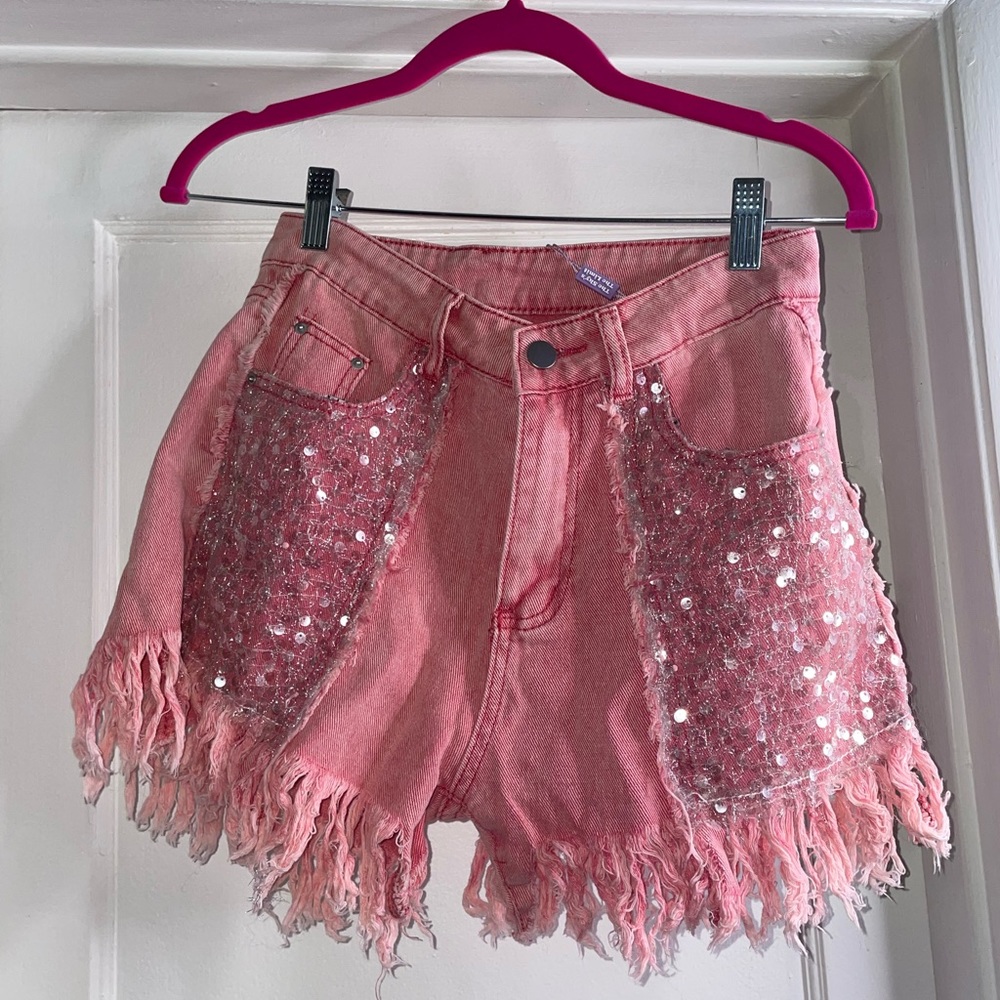 Barbie pink sequin denim shorts